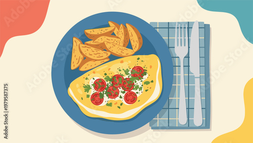 Top view of a healthy breakfast plate featuring a tomato and herb omelet served with golden brown potato wedges and cutlery.