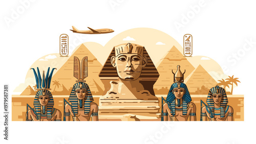 Panoramic illustration of ancient Egypt features the Sphinx, pyramids, pharaohs, hieroglyphics, and a modern airplane in the sky.