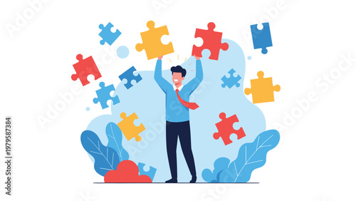 Joyful businessman celebrates his success by holding up two large yellow and red puzzle pieces as others float around him in the air.