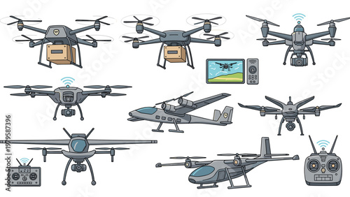 Detailed set of various drone models includes delivery quadcopters with packages, surveillance aircraft, and remote control systems.