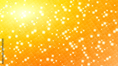 Warm orange and yellow abstract background with a subtle geometric scale pattern and sparkling bokeh lights. This bright, energetic design is perfect for a summer theme, a celebration