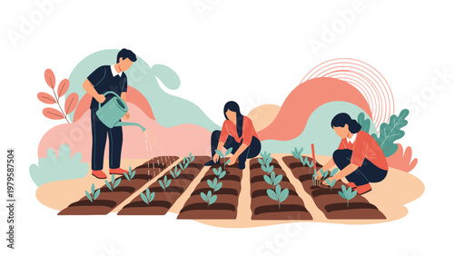 Group of diverse people working together in a community garden planting seeds and watering seedlings in organized dirt rows during a sunny day.
