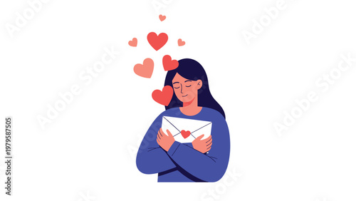 Sweet illustration of a young woman hugging a love letter with closed eyes and several pink hearts floating in the air above her head for romance.