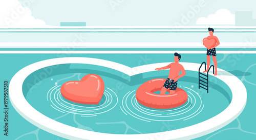 Couple Enjoying Heart-Shaped Pool with Inflatable Hearts, Summer Romance