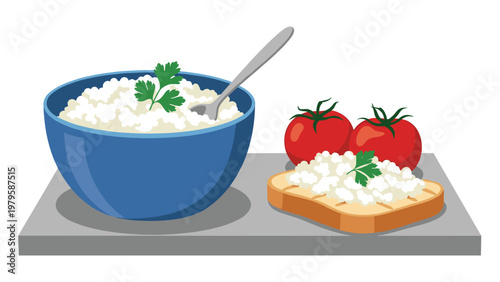 Healthy breakfast or snack featuring a bowl of cottage cheese with fresh parsley and a piece of toasted bread with more cheese and red tomatoes.