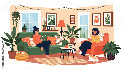 Two women relaxing in a cozy beautifully decorated living room filled with plants with one woman reading and the other drinking a cup of tea.