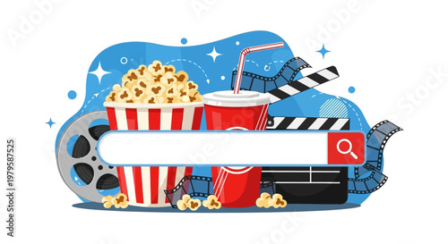 Graphic illustration of a movie search bar with popcorn and cinema tools