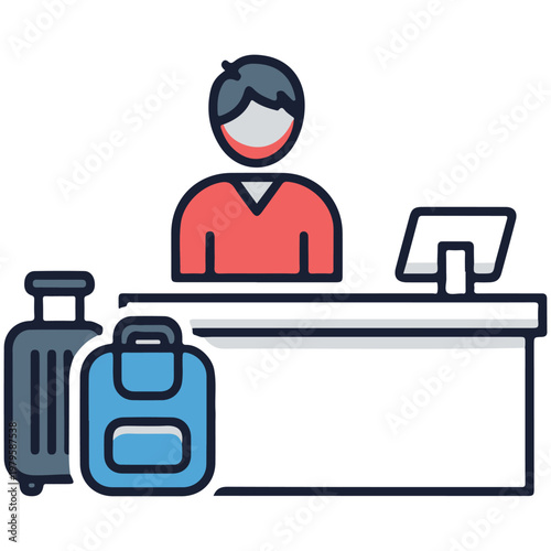 Hotel reception check-in desk with clerk luggage and computer monitor vector illustration