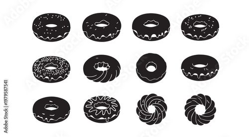 Various donut outlines with glaze and sprinkles in a grid layout on white background