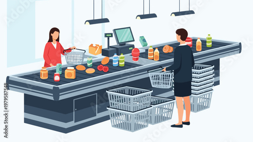 Modern supermarket checkout scene with two women and several grocery items like bottles cans and produce moving on a long black conveyor belt.