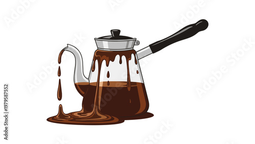 Traditional cezve coffee pot overflowing with dark brown coffee that is spilling over the sides and onto the ground creating a large puddle.
