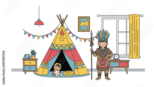 Creative interior of a kids room featuring a colorful toy teepee tent and a boy dressed in a traditional Native American costume holding a spear.