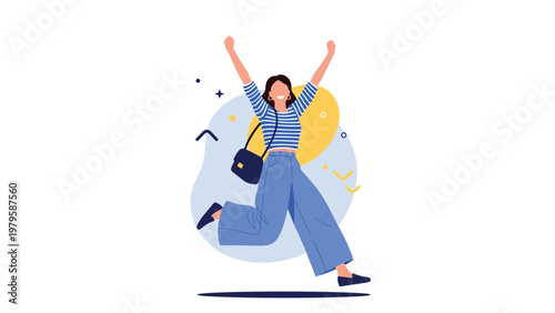 Cheerful young woman jumping high in the air with arms raised in excitement wearing a striped top and blue jeans on a creative abstract background.