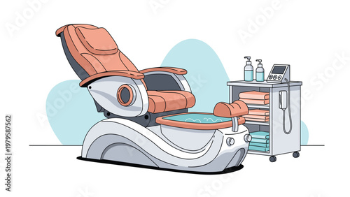 Modern beauty salon equipment including a professional pedicure chair with a foot bath and a cart filled with folded towels and hygiene bottles.
