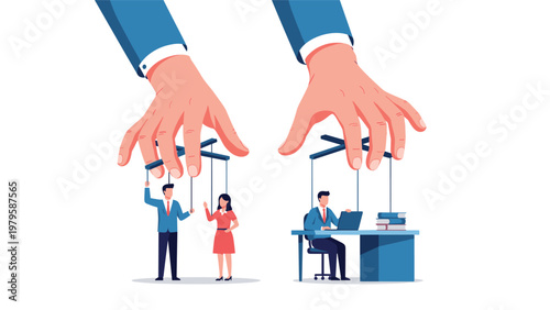 Conceptual business illustration showing giant hands controlling office workers like puppets with strings representing management manipulation.