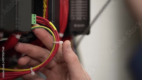 Man. Electrical wire. Connector. Screwdriver. Slow motion video. High quality 4k footage