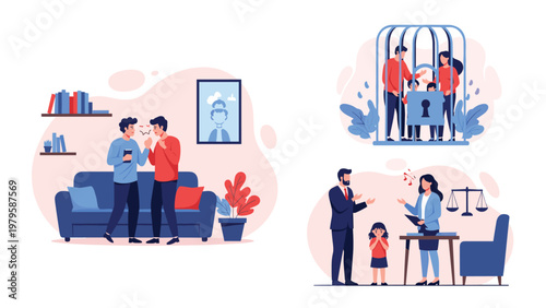Illustration set depicting family legal issues like domestic disputes child custody mediation and a family trapped in a cage with a large lock.