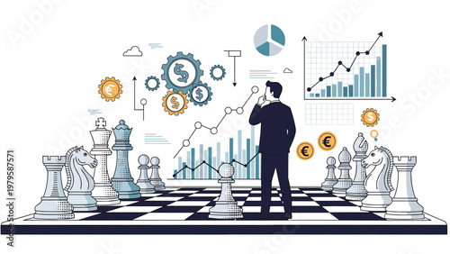 Pensive businessman standing on a giant chessboard thinking about a strategy with financial charts gears and currency icons in the background.