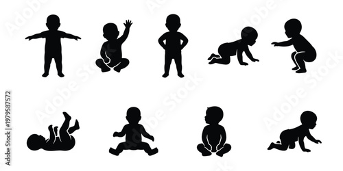 Baby silhouette collection with 9 infant icons, black toddler silhouettes in various poses, newborn development stages vector set for parenting design