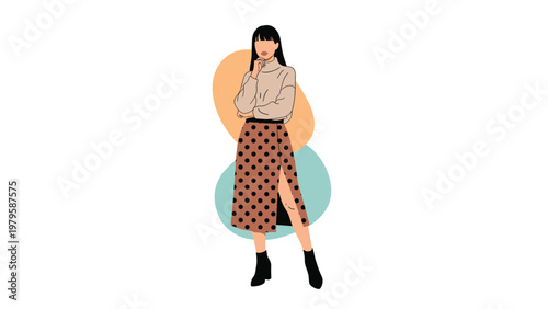 Fashionable young woman wearing a beige turtleneck sweater and a long brown polka dot skirt with a side slit standing against abstract shapes.