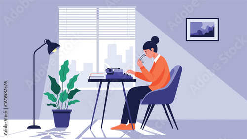 Woman writer working with a vintage typewriter at her desk in a modern room with a large window green plants and a lamp during a bright day.