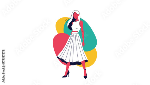 Stylish and elegant silhouette of a fashionable woman standing in a trendy skirt against a background of colorful abstract organic shapes in art.