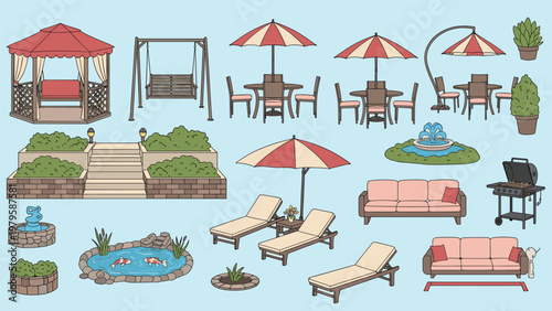 Set of outdoor garden furniture and landscape elements including gazebos swings tables chairs umbrellas a small fish pond and barbecue grill.