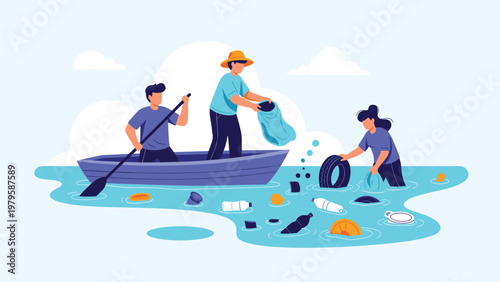 Group of volunteers cleaning up plastic waste and trash from a lake using a blue boat to protect the environment and preserve the water quality.