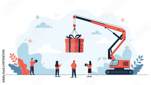 Large construction crane lifting a giant red gift box with a bow while a group of people watch the delivery in a snowy winter garden landscape.