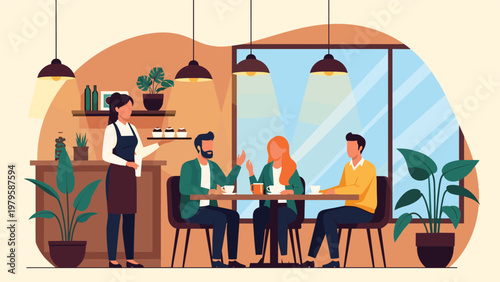 Professional waitress serving coffee and cupcakes to a group of friends sitting at a table in a modern stylish cafe with large glass windows.