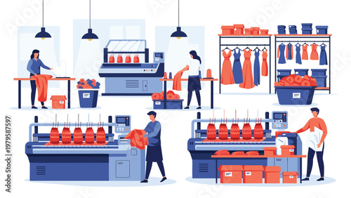 Busy textile factory interior with workers operating industrial knitting machines and sewing equipment to produce clothing in bulk quantities.