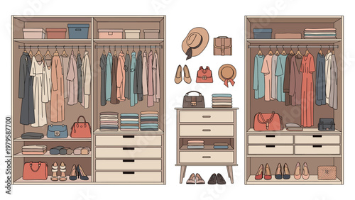 Modern walk-in closet systems showcasing a neatly organized collection of women's dresses shoes handbags and stylish fashion accessories.