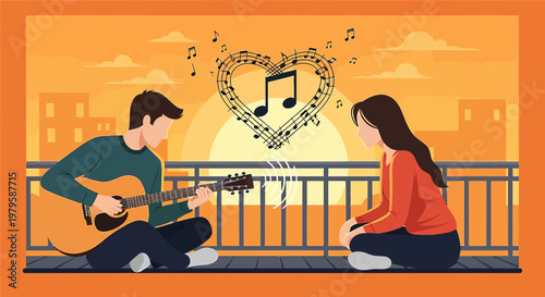 Couple Enjoying Music Together at Sunset with Heart Symbol