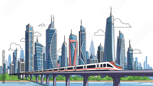 Sleek modern high-speed passenger train traveling across a concrete bridge with a backdrop of impressive skyscrapers and a bright blue sky.