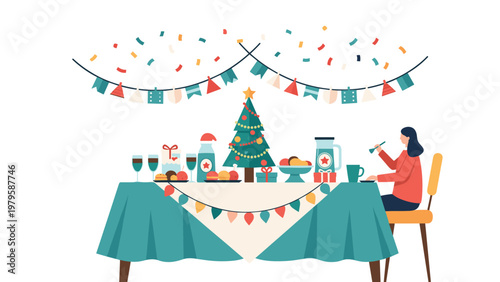 Young woman sitting at a festive and beautifully decorated holiday dinner table featuring a small Christmas tree and colorful ornaments.