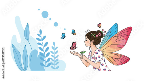 Whimsical fairy girl with vibrant multi-colored wings gently blowing butterflies from her hand in a magical and soft blue floral landscape.
