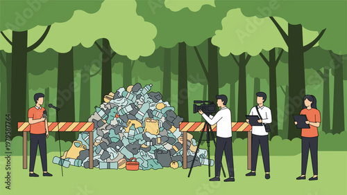 Professional news crew filming a live report about a massive and shocking pile of plastic garbage dumped illegally in the middle of a forest.