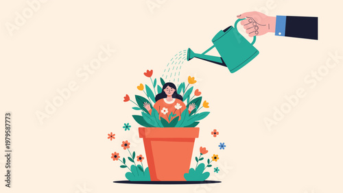 Creative conceptual illustration showing a giant businessman's hand watering a woman sitting in a large flower pot like a growing plant.