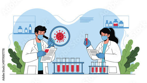 Professional medical researchers in a lab wearing masks and gloves while studying a virus sample through a magnifying glass and test tubes.