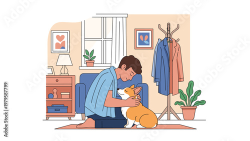 Young man kneeling on a living room rug and tenderly hugging his adorable corgi dog in a cozy home environment with warm natural lighting.