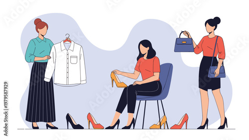 Group of fashionable women enjoys shopping for stylish clothes, handbags, and high-heeled shoes in a modern retail boutique.