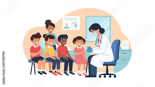 Kind female doctor wearing a mask and lab coat administers a vaccine to a group of young children sitting on a clinic bench.