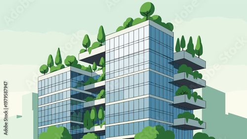 Eco-friendly modern office building incorporates many green trees and plants on its balconies to promote sustainable urban living.