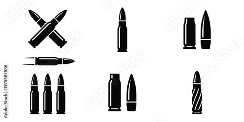 Military Bullet Icon Set, Black Vector Ammunition Symbols, Rifle Cartridge and Gun Ammo Elements, Tactical Weapon Projectile Graphics