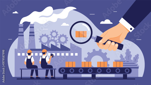 Large hand uses a magnifying glass to inspect products on a factory conveyor belt in front of active industrial smokestacks.