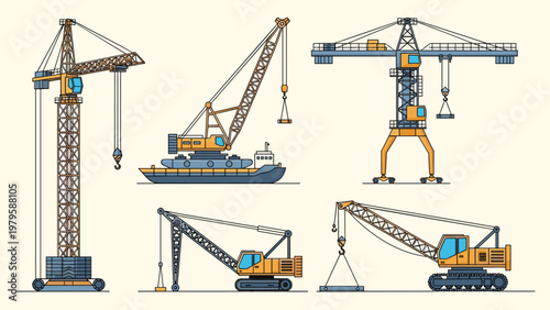Set of various industrial construction cranes including tower, mobile, crawler, and gantry models for heavy lifting operations.