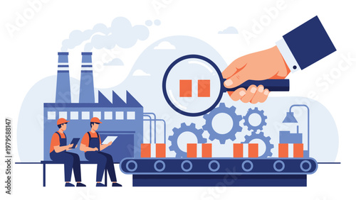 Quality control inspection in industrial factory featuring workers monitoring production line and large magnifying glass checking boxes.