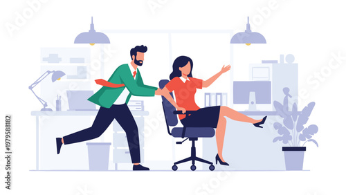 Two office colleagues having fun break with man pushing woman in swivel chair through modern workspace environment.