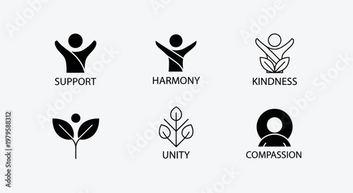 Abstract Icons Representing Support, Harmony, Kindness, Unity, Compassion, and Growth