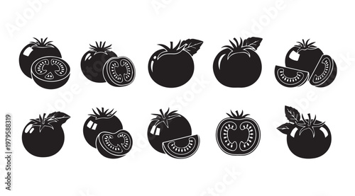 Various Tomato Illustrations with Leaves and Slices on White Background